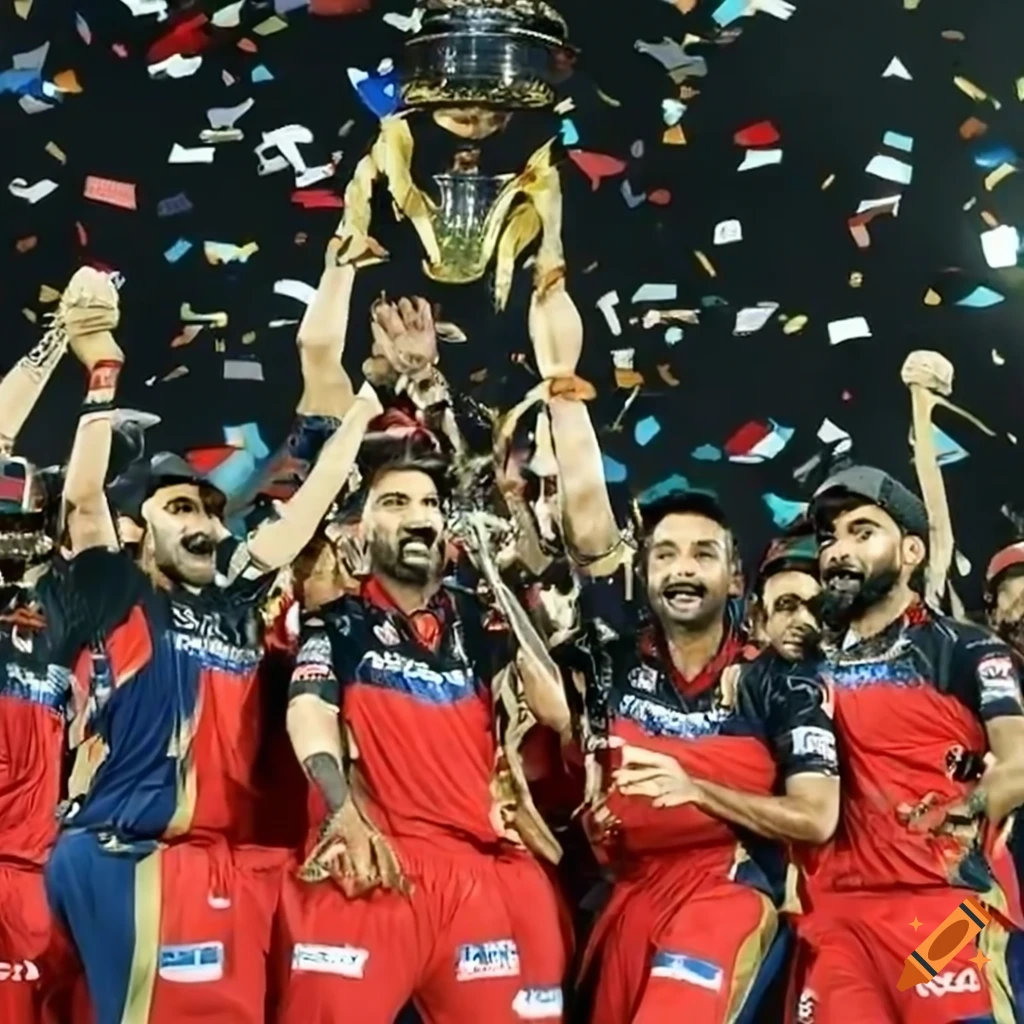 Rcb Team Celebrating Victory With Ipl Trophy Amidst Fans And Confetti rcb-with-ipl-trophy-on-craiyon
