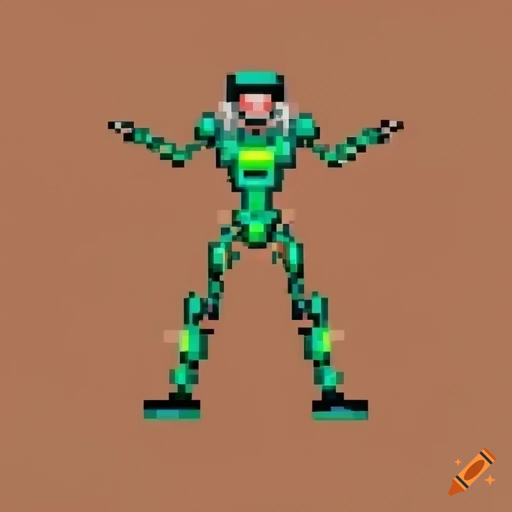 Caucasian man in green robotic battle suit in 8 bit style for sci-fi videogame