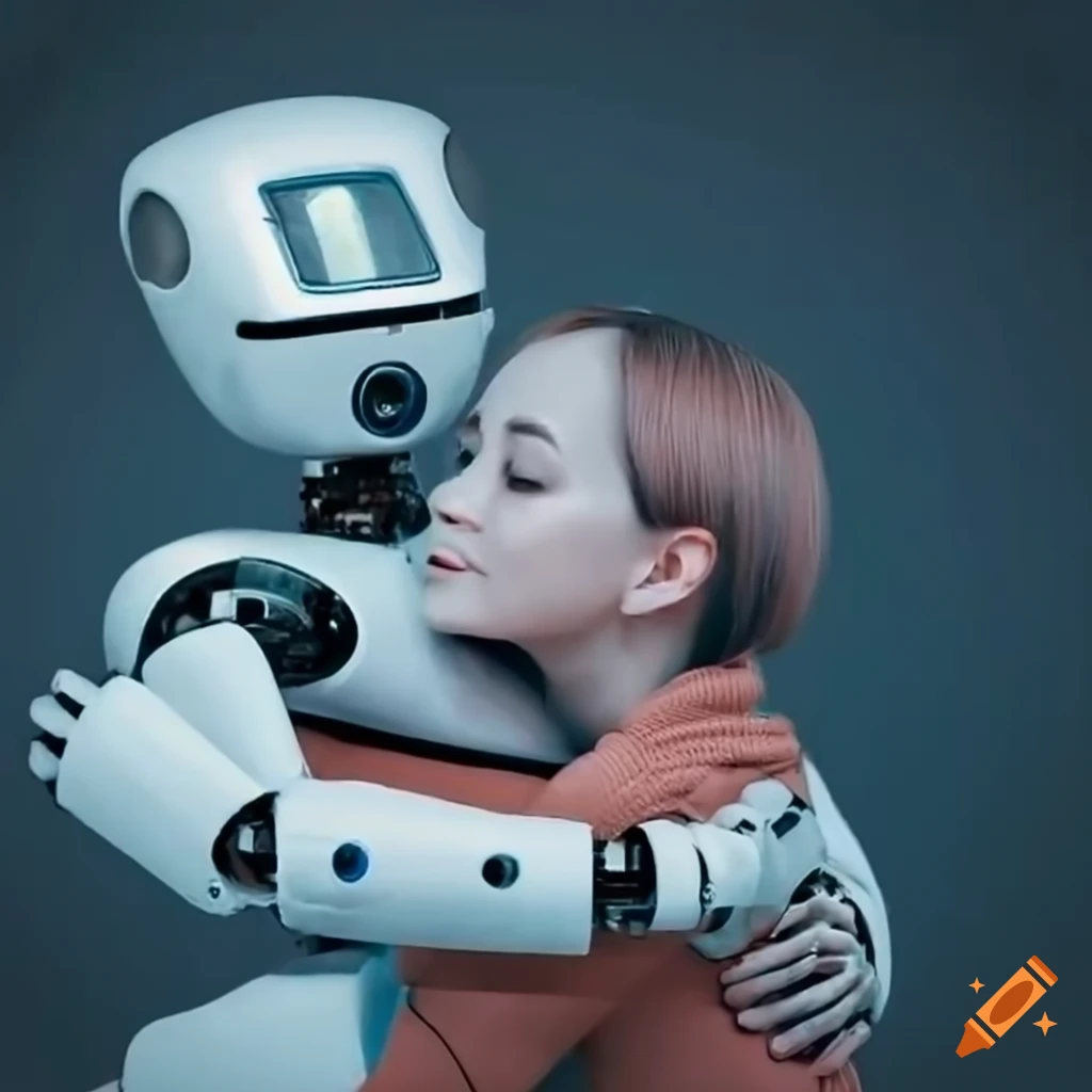 Futuristic robot hugging a human with gentle protective nature on Craiyon