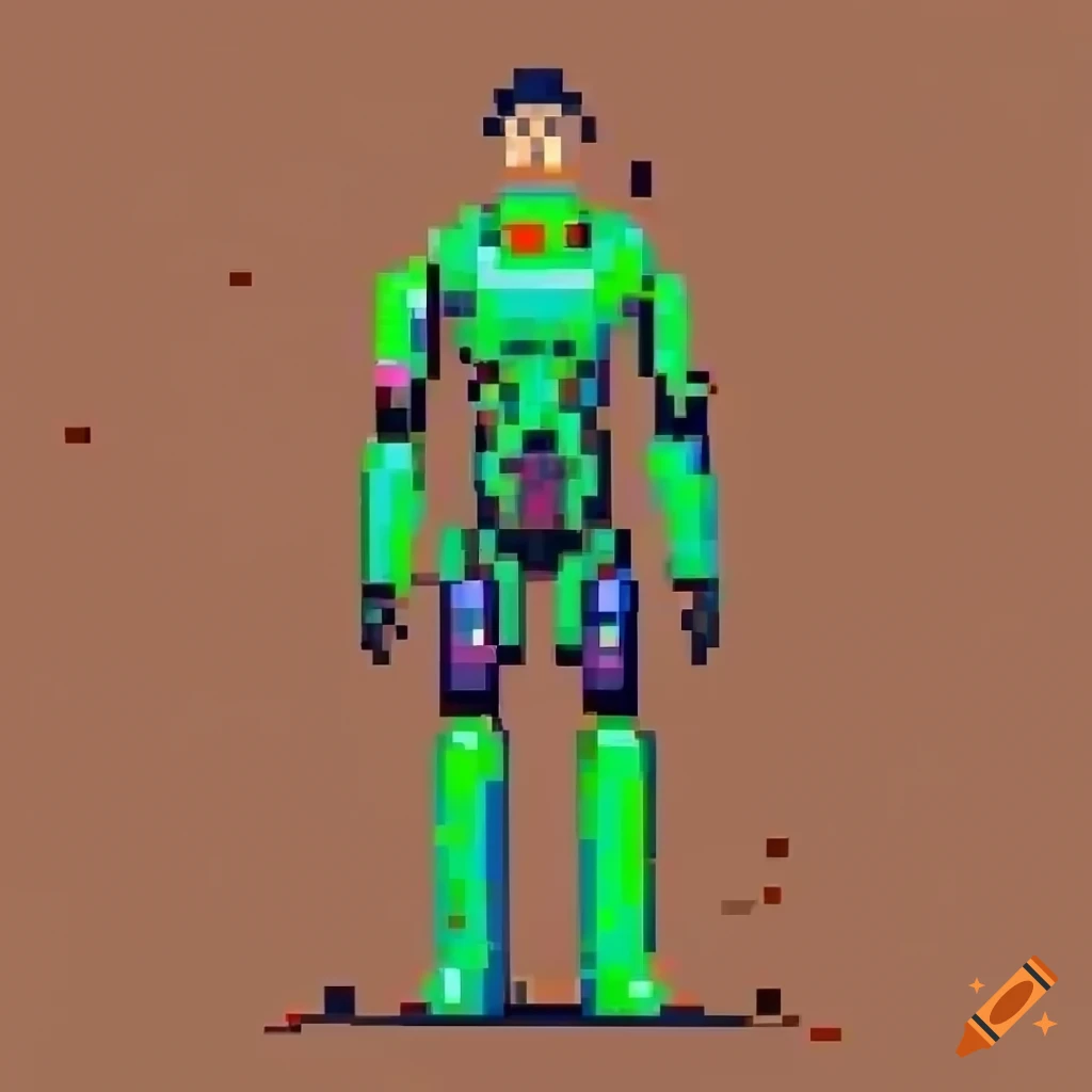 Caucasian man in green robotic battle suit in 8 bit style for sci-fi videogame