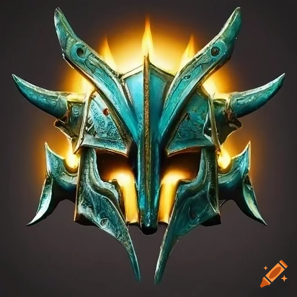 Front view of a heavily designed fantasy helmet