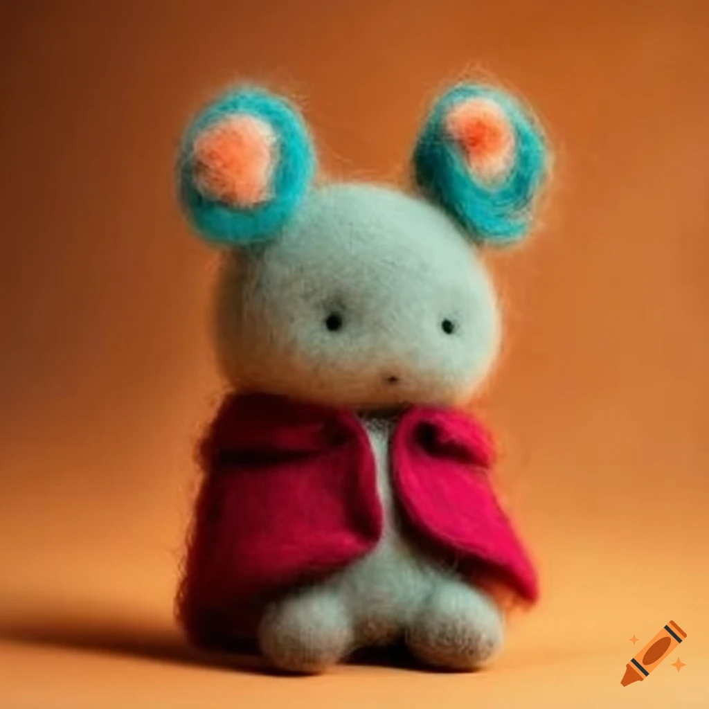 Felted wool creatures in stylish outfits on textured background