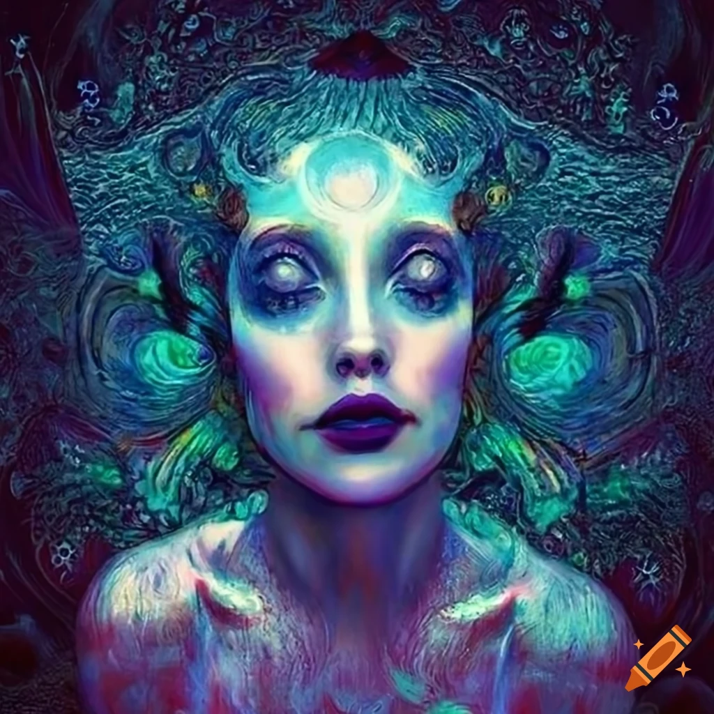 Whimsical portrait of a dark blue lady surrounded by moon, stars, and