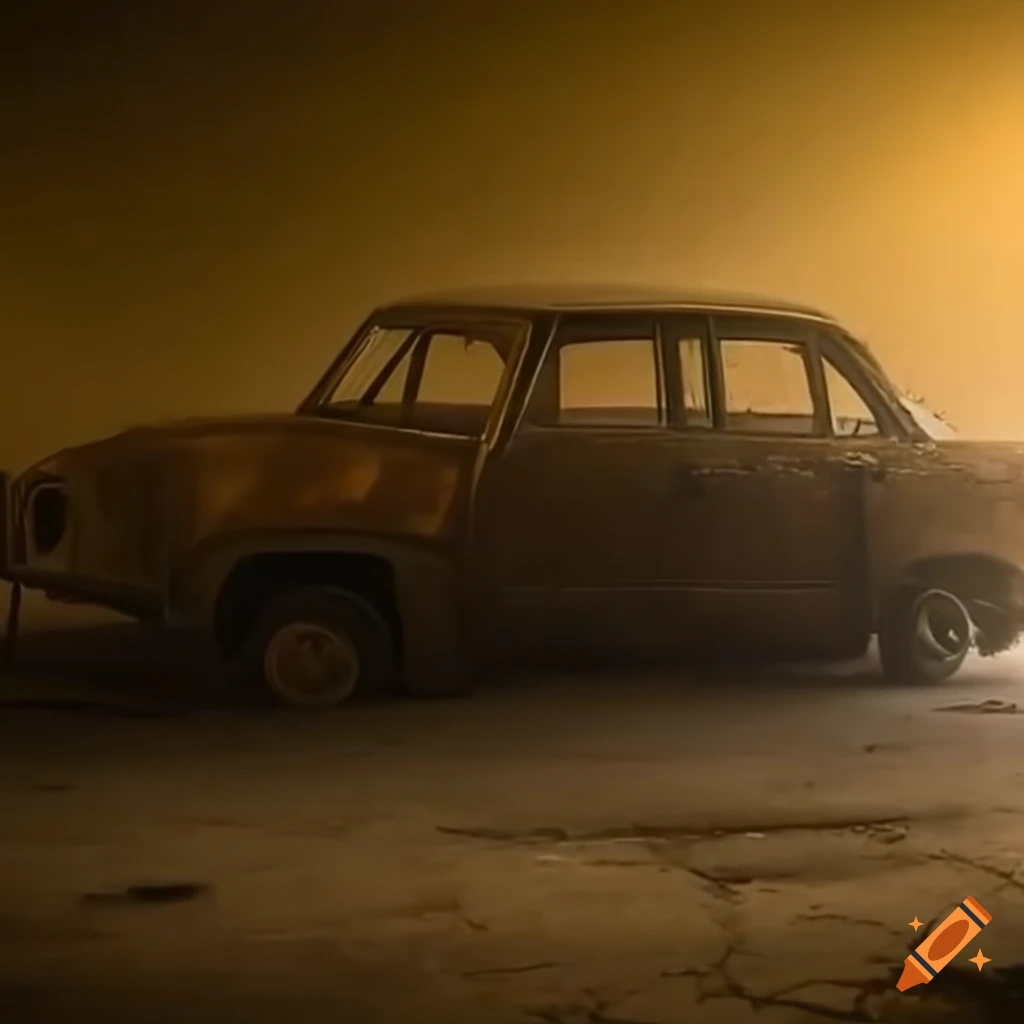 Abandoned car surrounded by gold fog in an empty mall