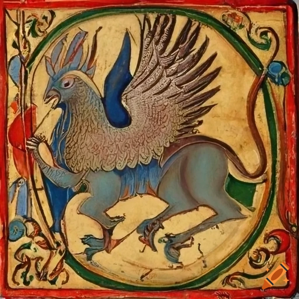 Medieval manuscript with a majestic griffin among oak trees on Craiyon