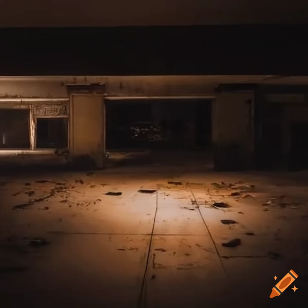 Abandoned cars in a foggy abandoned mall