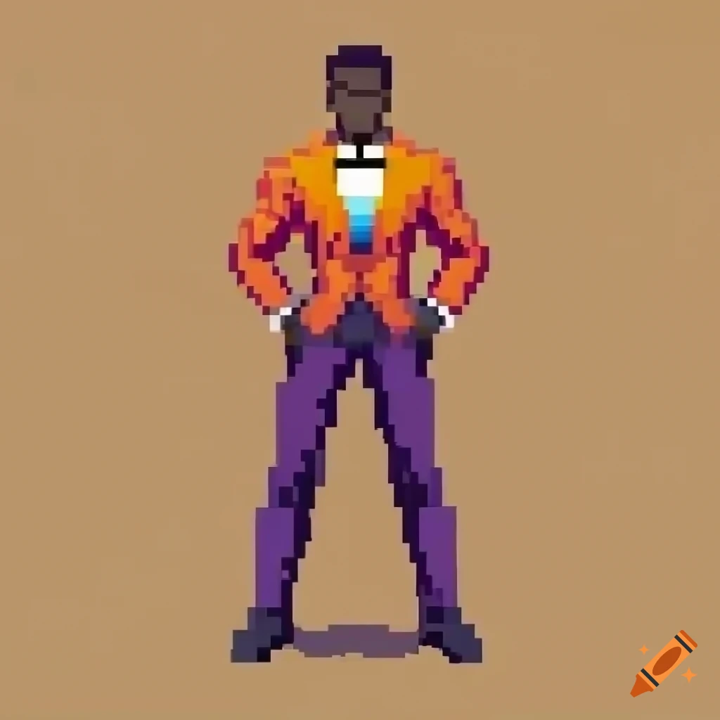 8-bit rendition of a dark-skinned muscular male spy in an orange tuxedo for a scifi video game