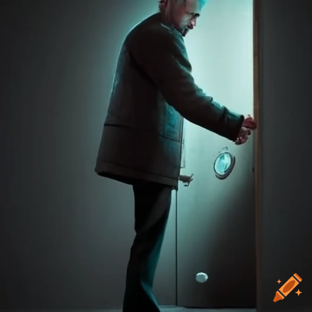 Middle-aged man attempting to open a door