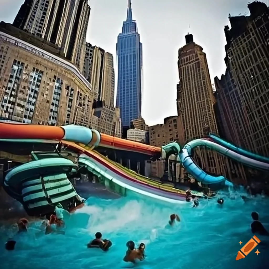 Water slides in a new york city water park with iconic buildings in the