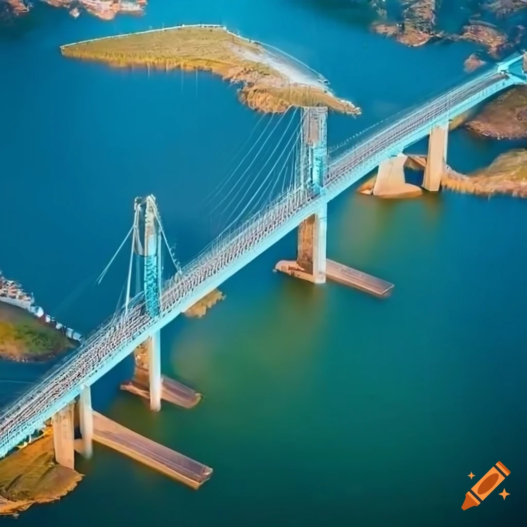 Aerial view of a large suspension bridge connecting Germany and Ireland