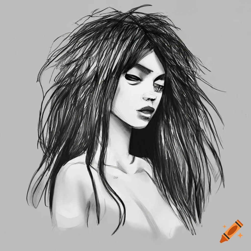 Tousled long hair girl doodle in black ink drawing