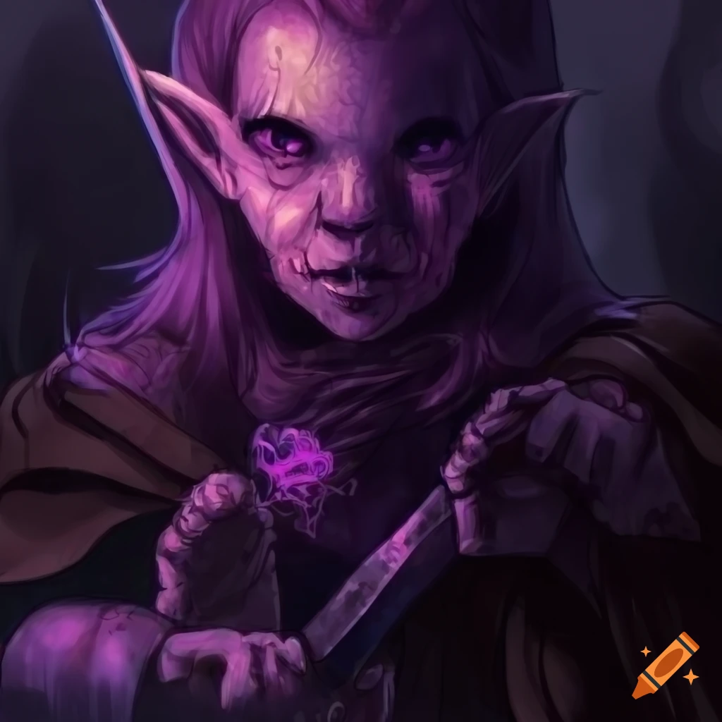Aged halfling rogue with a cursed necrotic dagger and purple aura