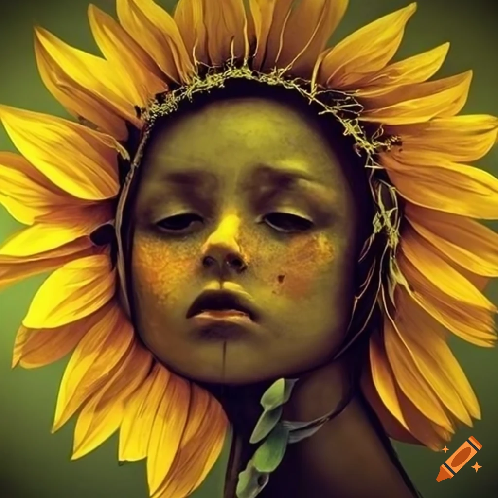 Melancholic art with sunflowers, barbed wire, and teardrops on Craiyon