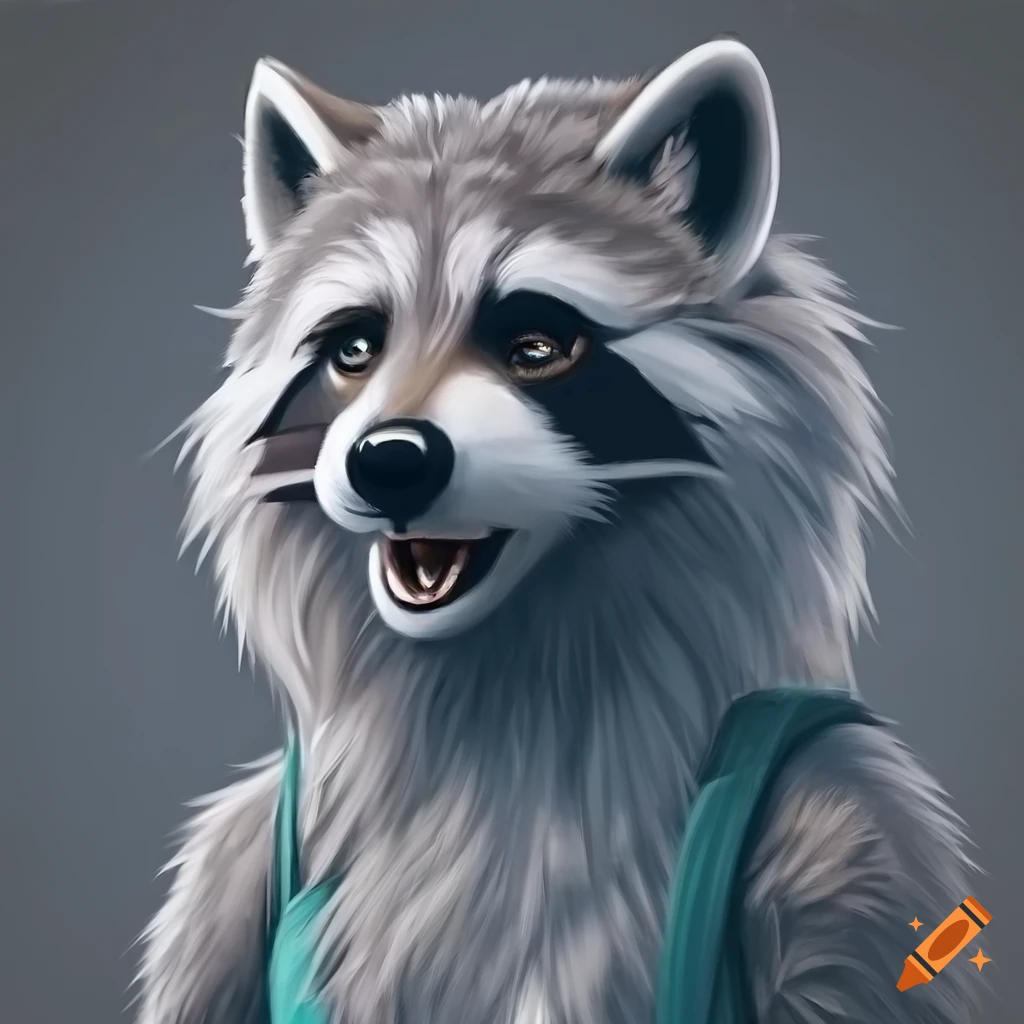 Strong anthro furry raccoon in military body armor with grey fur