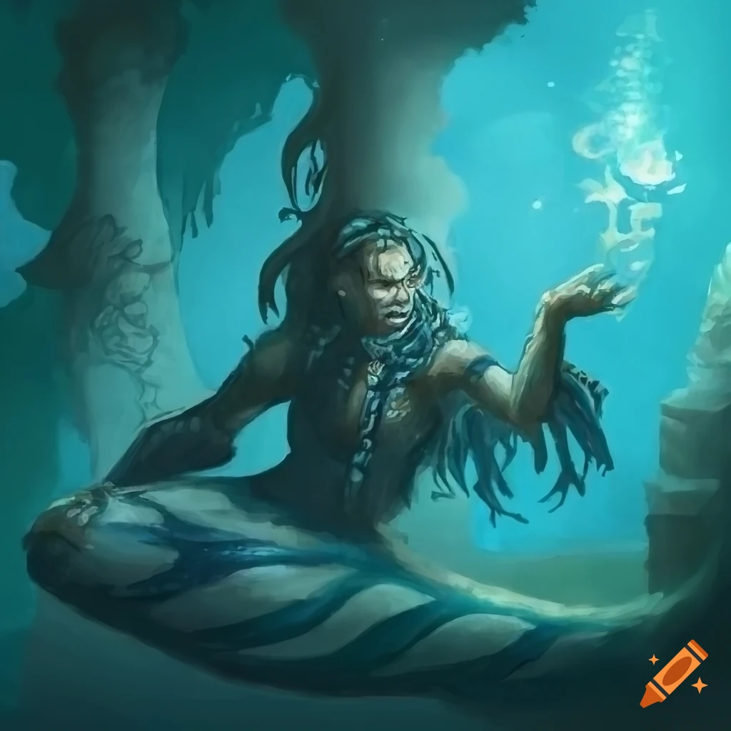 Merfolk wizard in seafloor ruins from mtg fantasy art on Craiyon