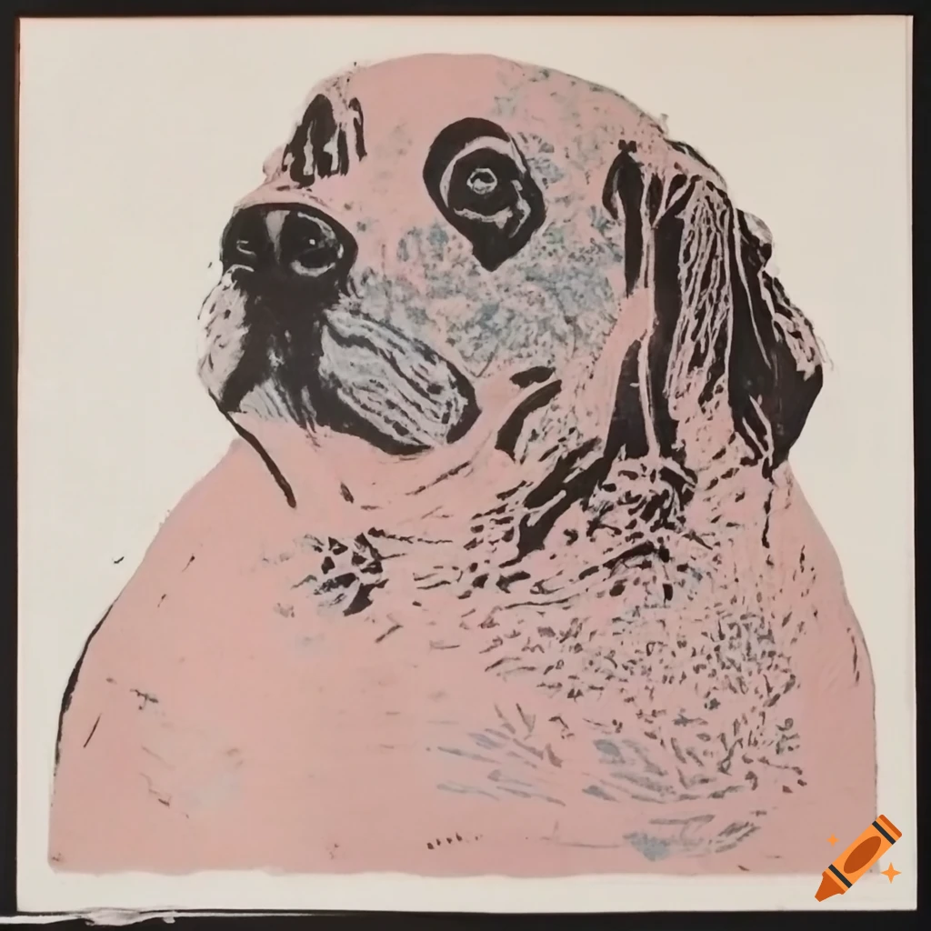 Dog in pastel colors with a lino print style inspired by Pierre Bonnard
