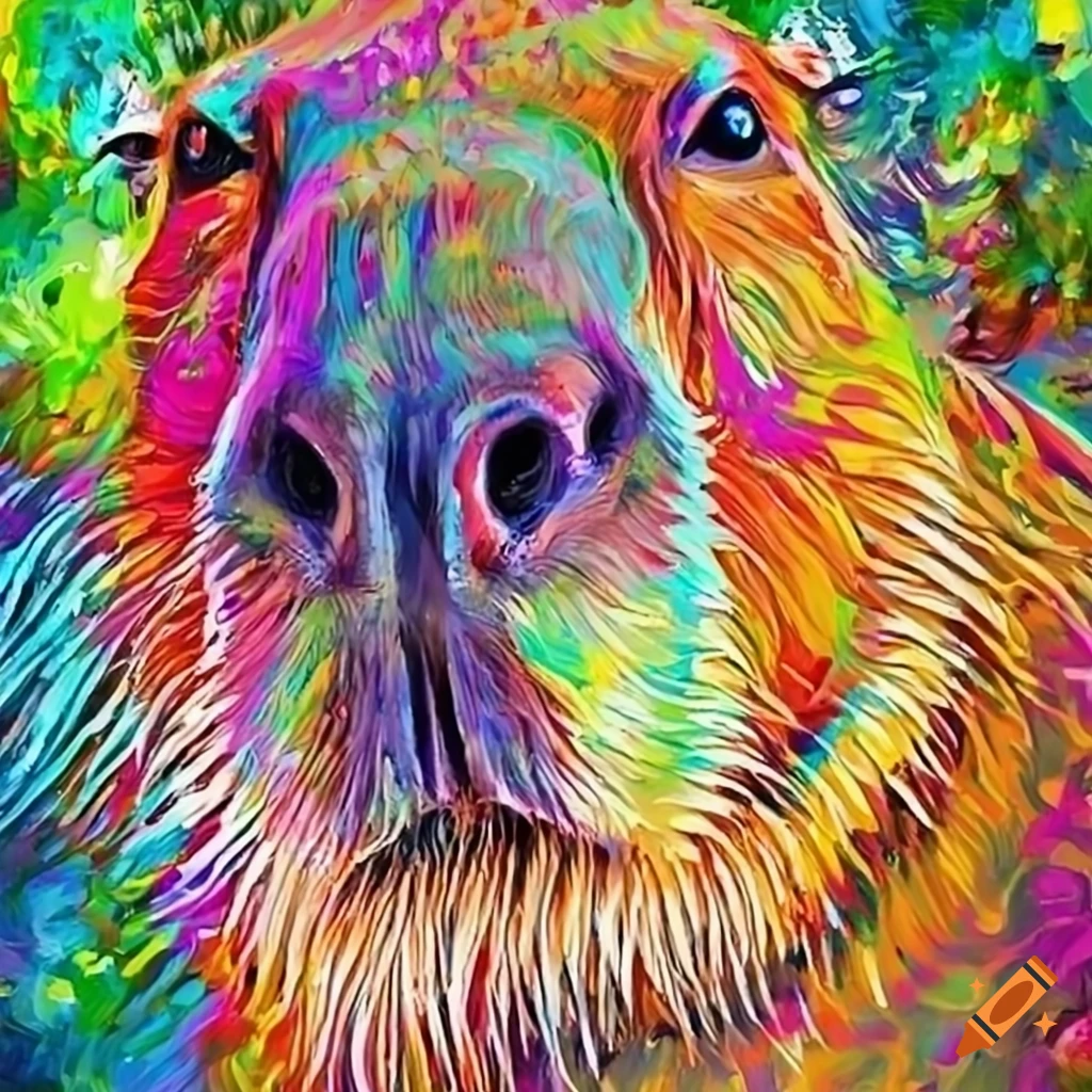 Vibrant and colorful portrait painting of a cute capybara