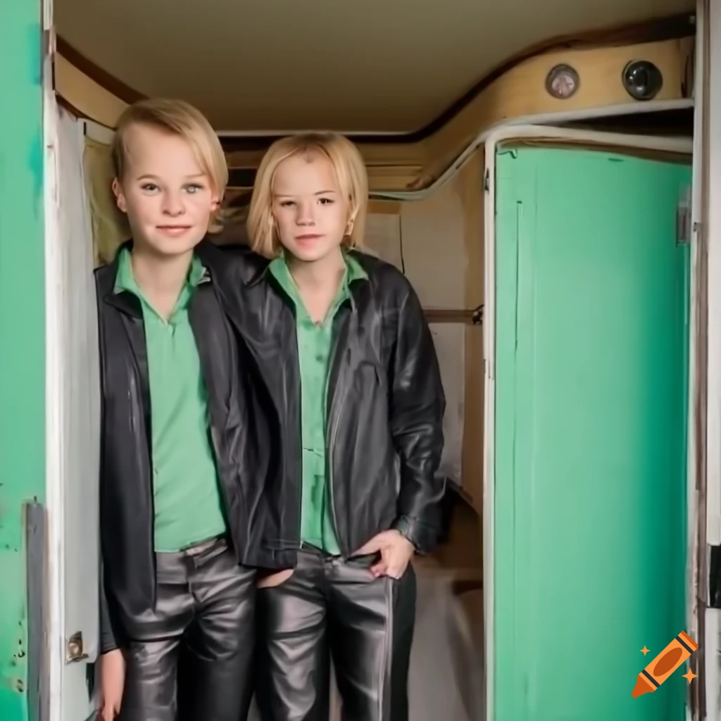 Blonde twins in stylish outfits standing in a caravan trailer doorway