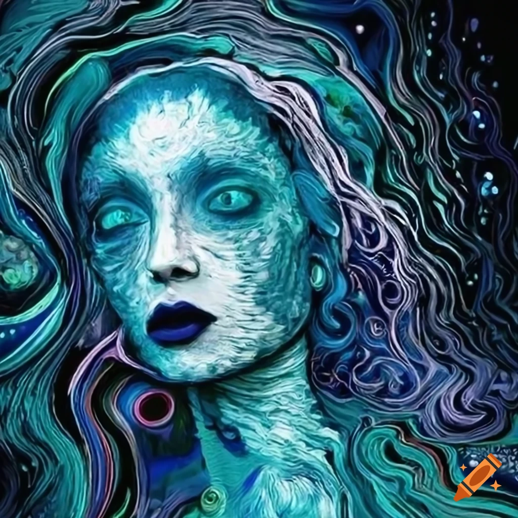 Whimsical portrait of a dark blue lady surrounded by moon, stars, and