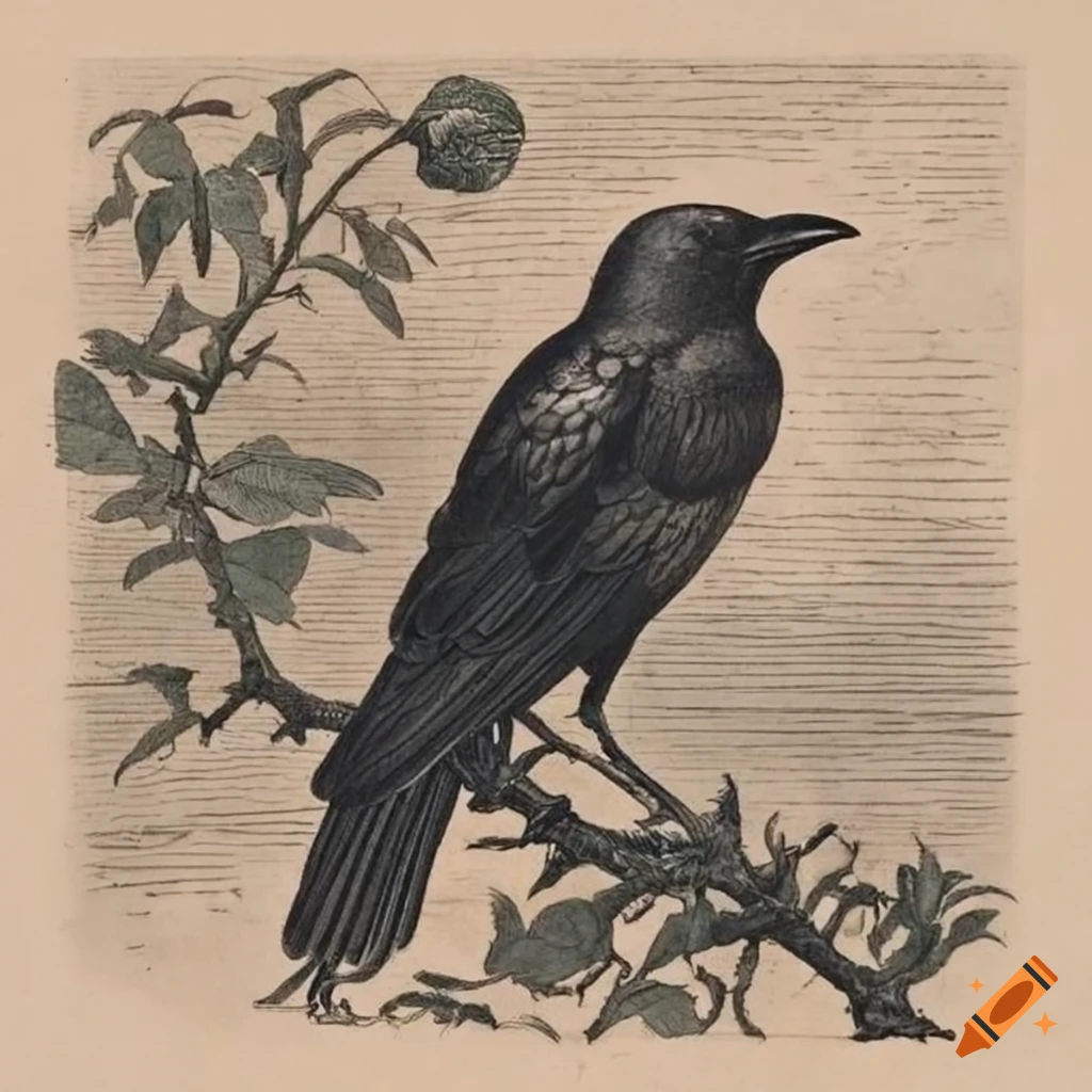 Stoic crow perched on a thorny rose bush in 1800s etching