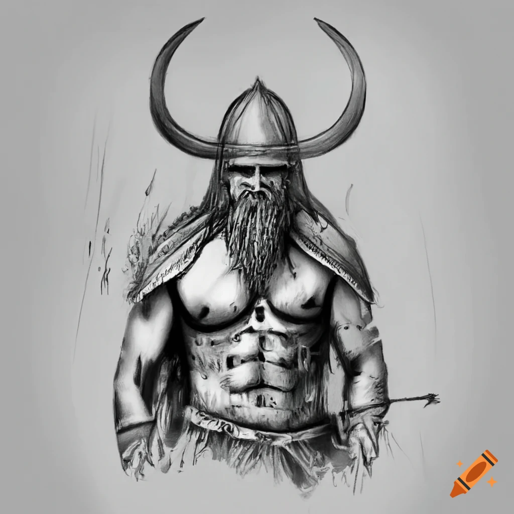Black and white pencil sketch of a Norse viking warrior in anatomical style