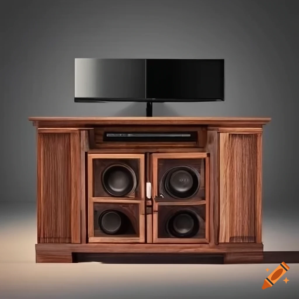 Wooden tv stand with record player and speakers on Craiyon