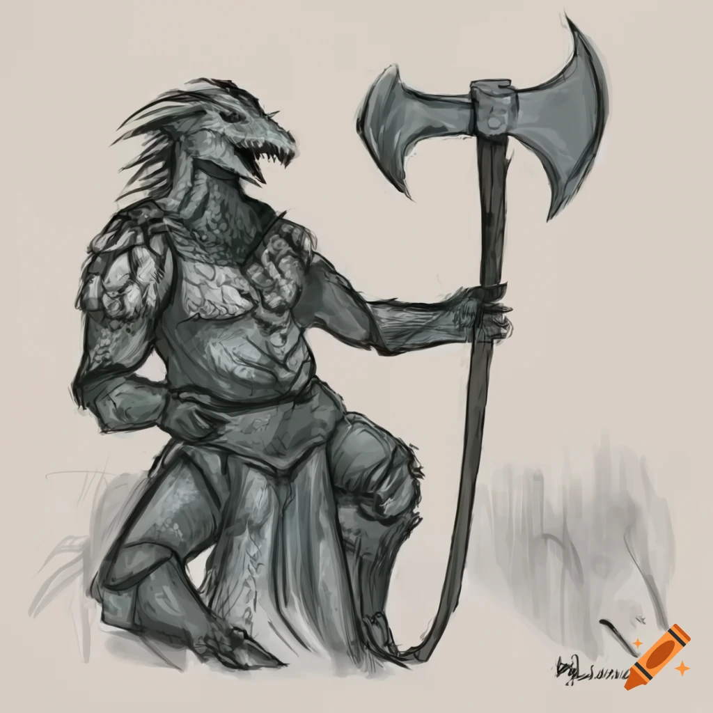 Emerald Dragonborn holding a great-axe in a grove