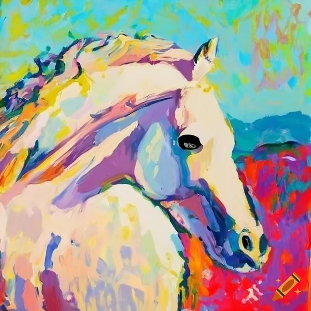 White horse in Mallorca landscape painted in fauvism style