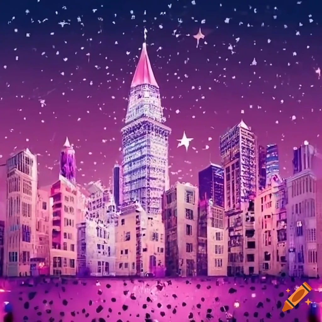 Pink city with glitter buildings and purple stars