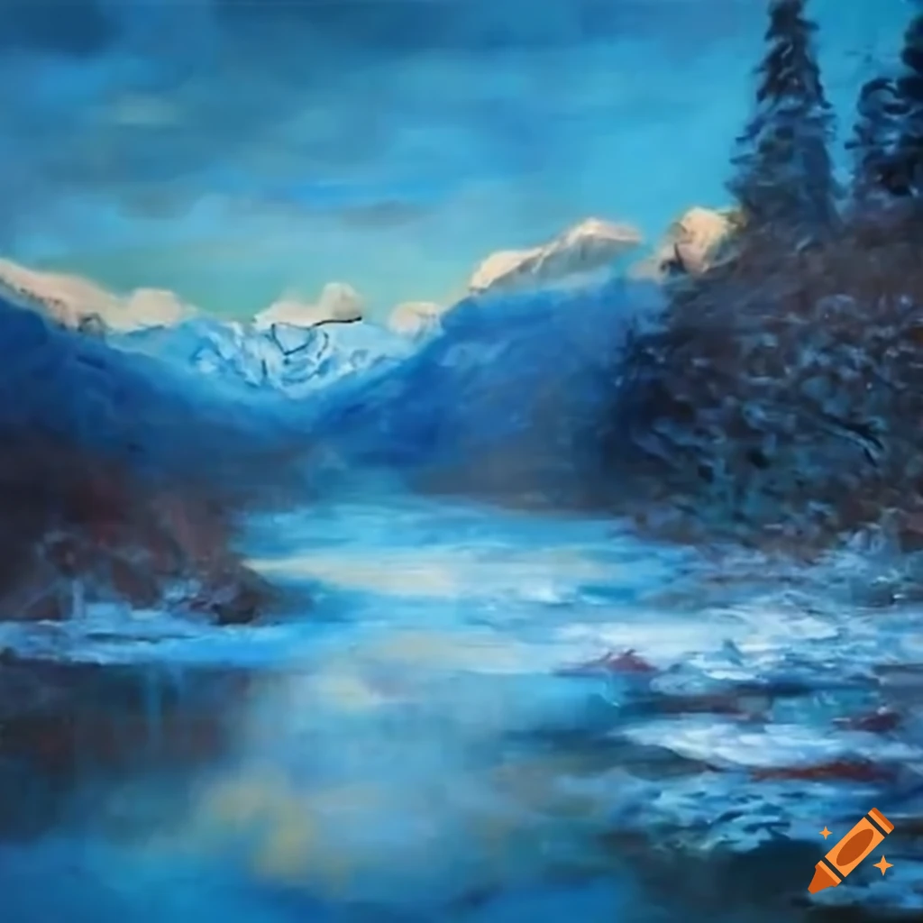 Monet painting of a frozen pond in the mountains with Winnie the Pooh ice skating
