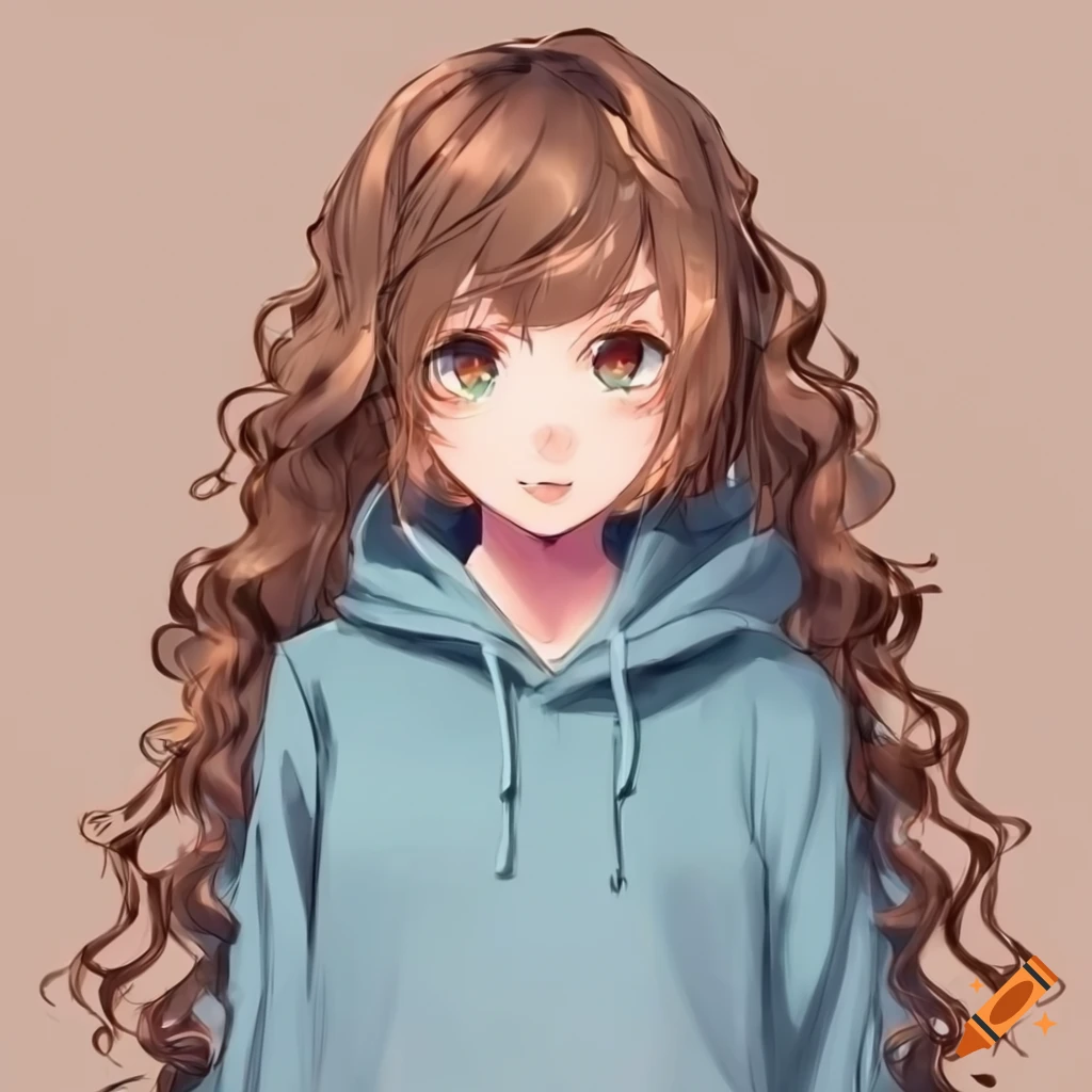 Anime girl with long curly brown hair and hazel eyes in a pale hoodie ...