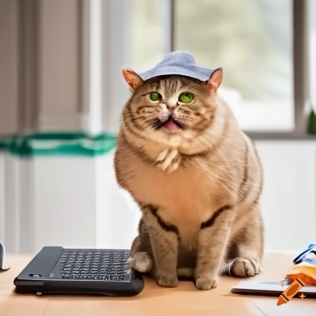 Overweight cat in school uniform sitting on a desk