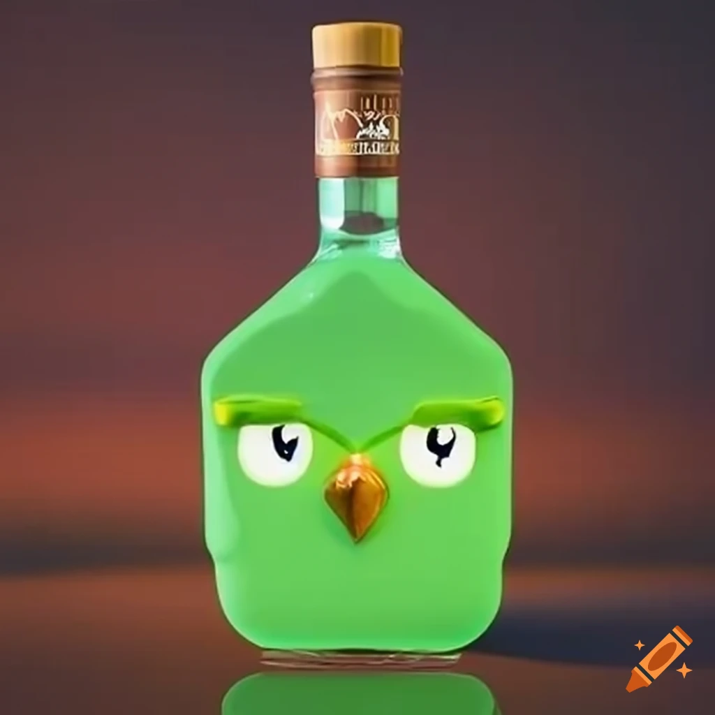 Vodka bottle shaped like duolingo's iconic owl on Craiyon