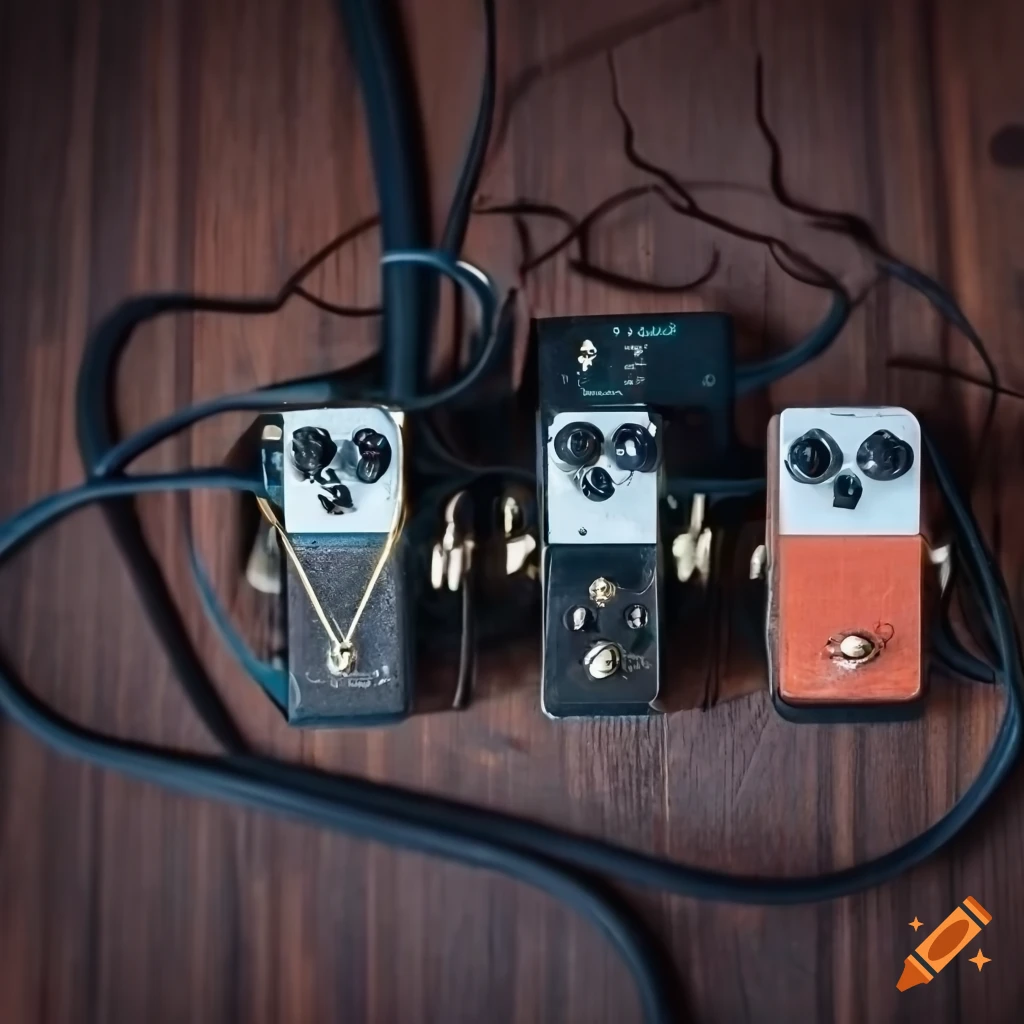 Three broken guitar pedals connected by damaged patch cables on Craiyon