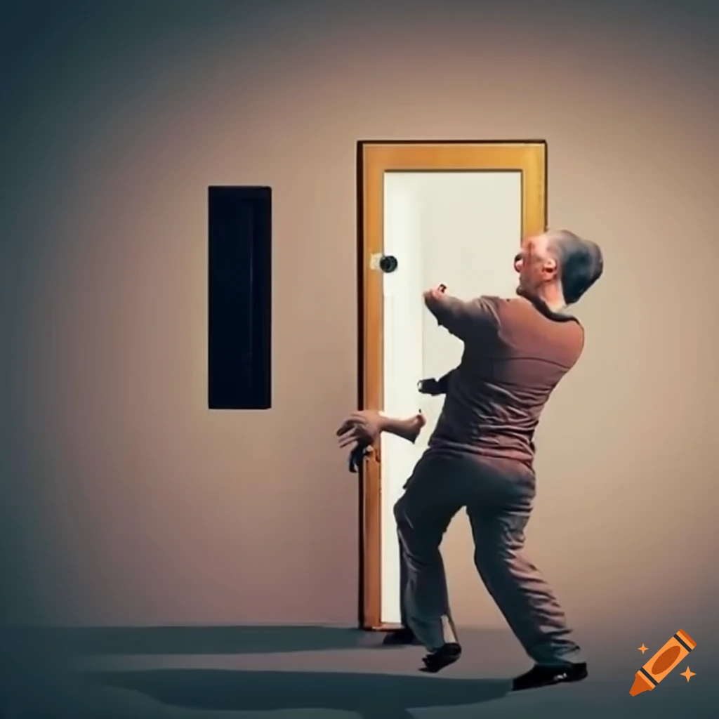 Middle-aged man struggling with a door marked "push"