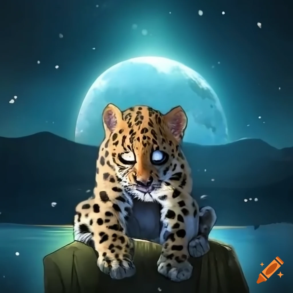 Baby leopard drinking water near a lake with the moon behind clouds on ...
