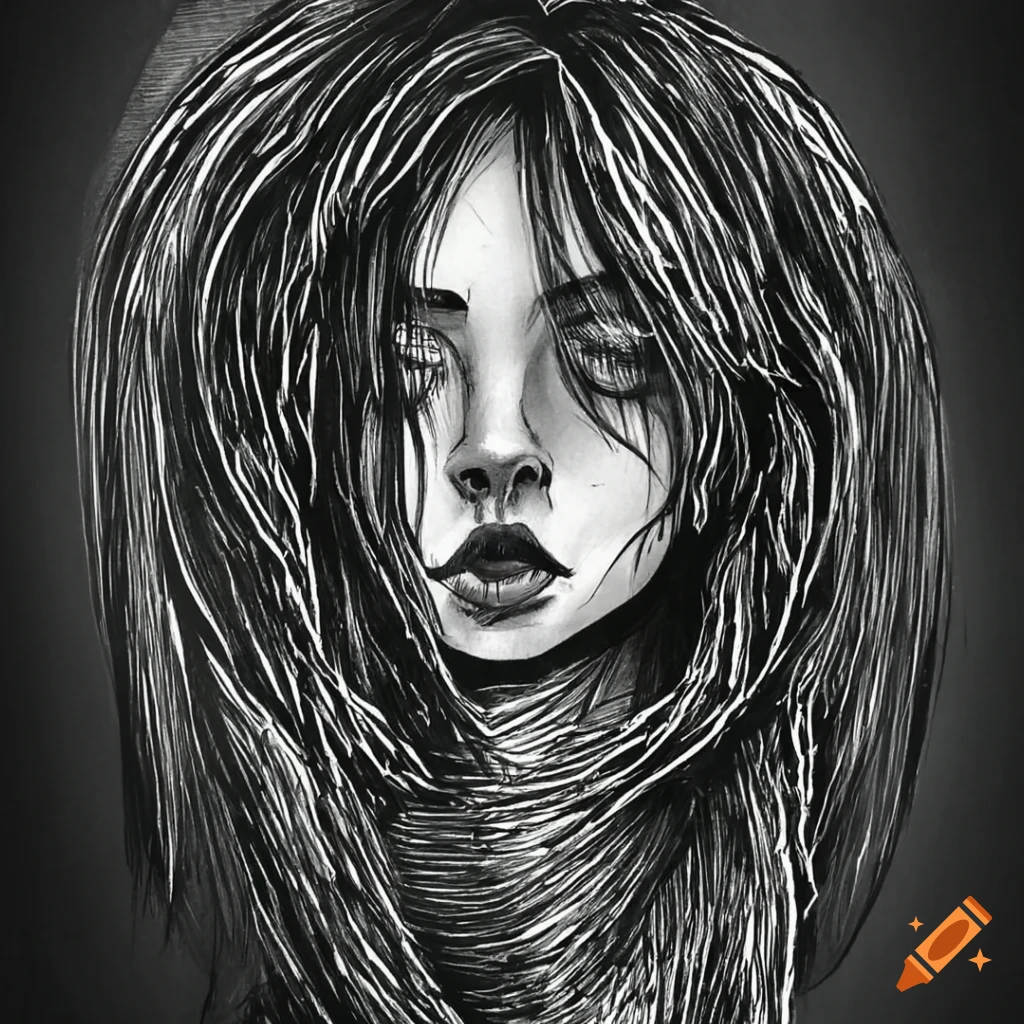 Tousled long hair girl doodle in black ink drawing