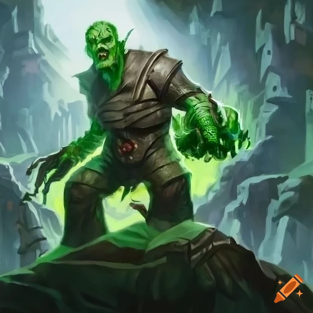 Frankenstein golem on the coast in a dynamic scene in MTG art style