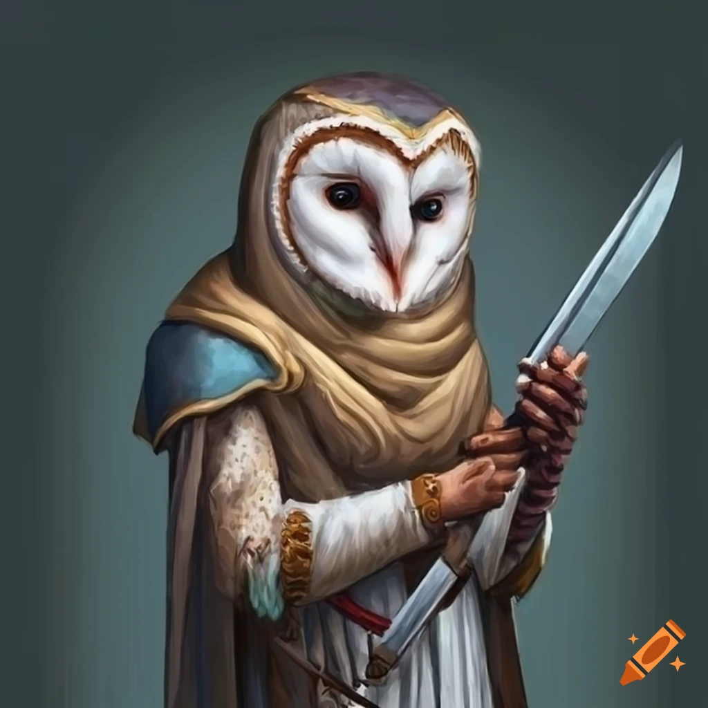 Barn owl man with a sword and tunic on Craiyon