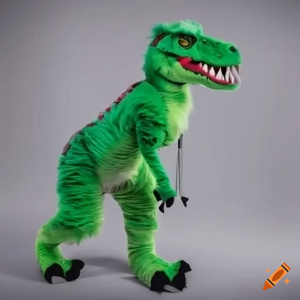 Close up of nurse in full body green velociraptor fursuit mascot costume