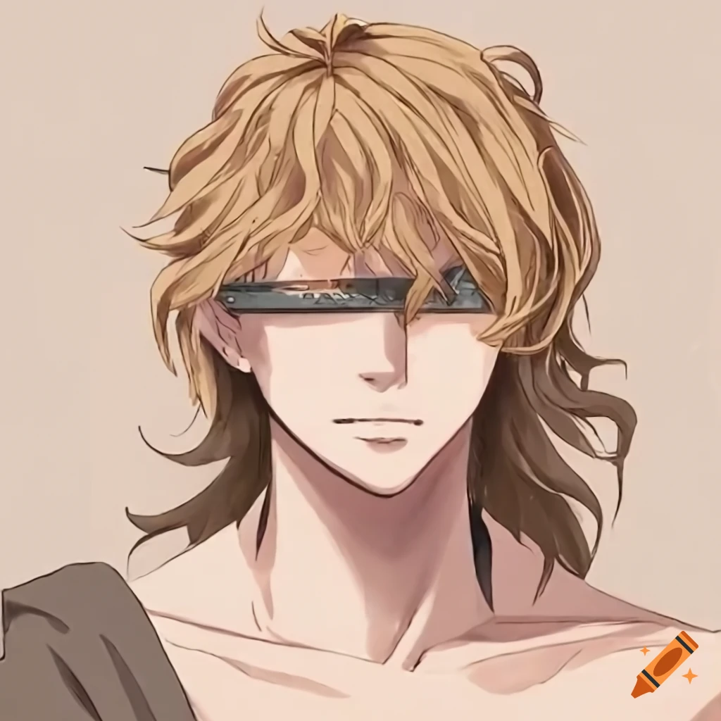 Young man in Greek toga with a black blindfold in manga style