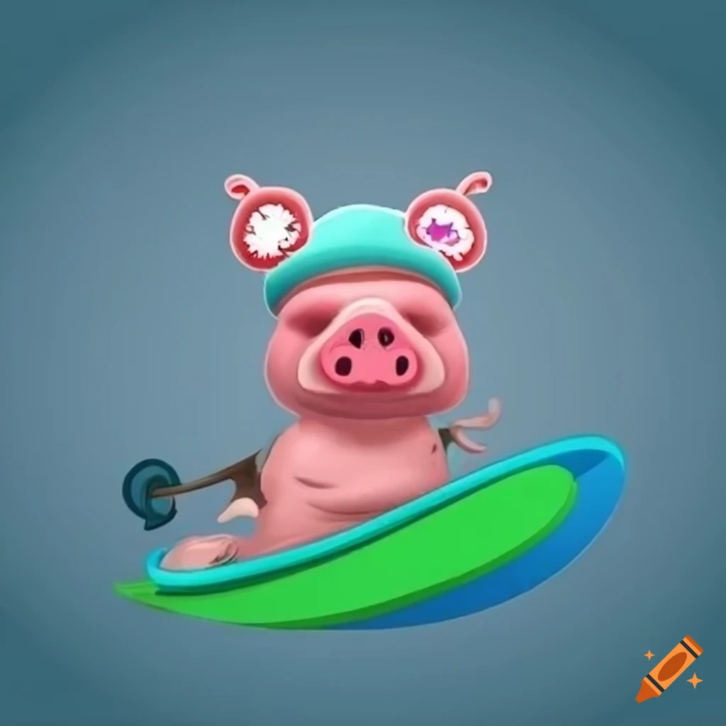 Adorable cartoon pig in a frog-shaped winter hat surfing