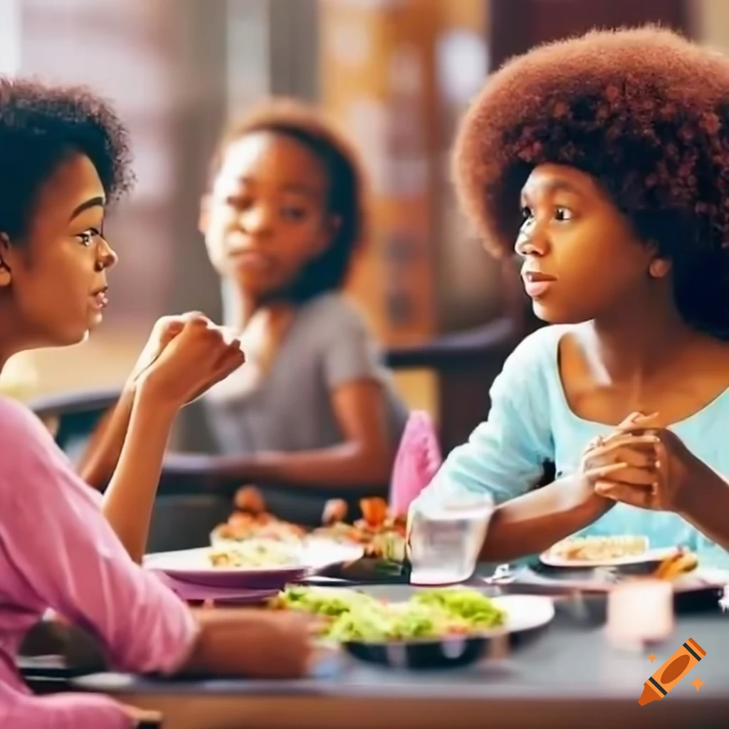 African American girls chatting at a cafeteria during lunch break