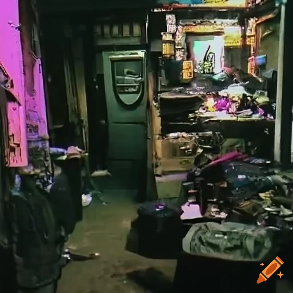 Panoramic view of cyberpunk cityscape with impoverished individuals