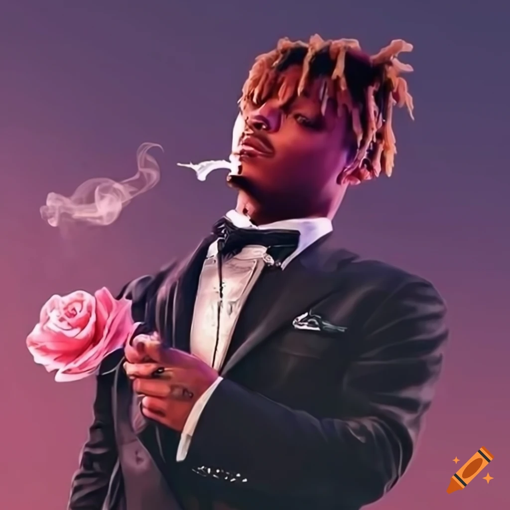 Juice wrld in black tux without shirt, smoking cigarette and holding