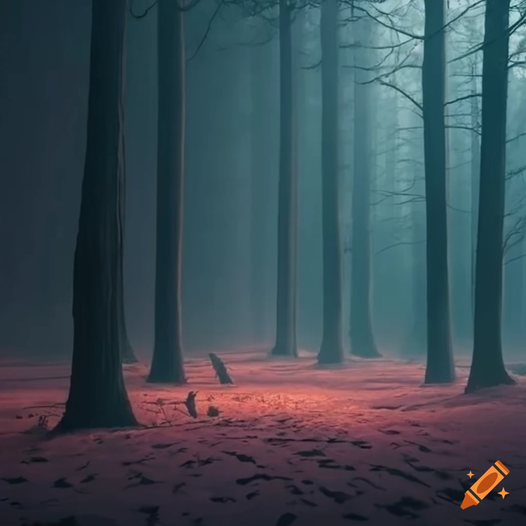 Dark forest with a distant mansion in the background