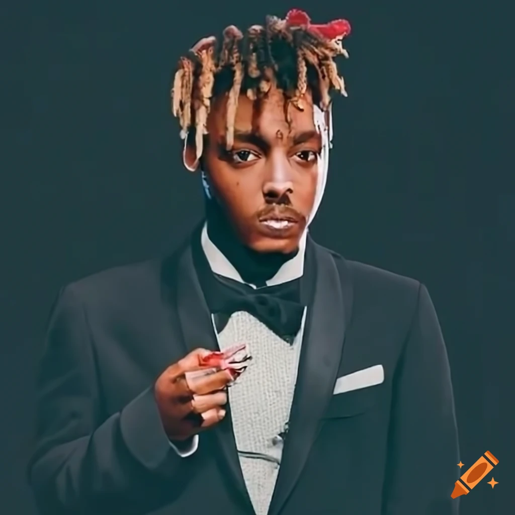 Juice wrld in black tuxedo with rose and tie patterned with red roses