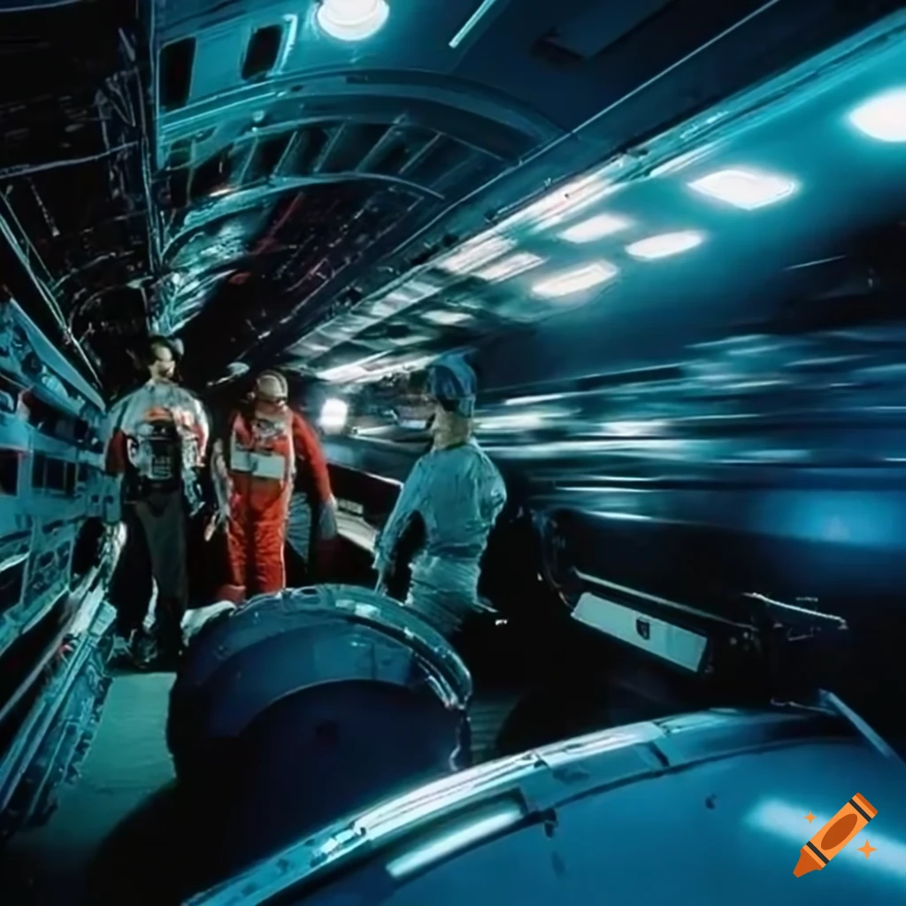 Alien life forms in a 1980's sci-fi movie scene inside a spaceship on ...