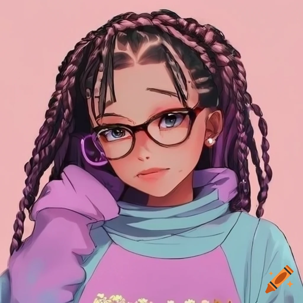 Anime Girl With Braided Hair Pastel Purple Glasses And Pink Sweater On Craiyon 