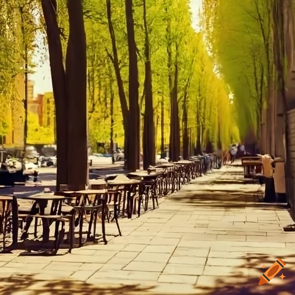 People sitting at a small sidewalk cafe next to poplar trees on a sunny day